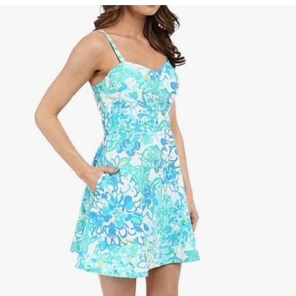 EUC LILLY PULITZER Willow Sundress-Blue Green White-Padded-Fully Lined - Picture 2 of 6